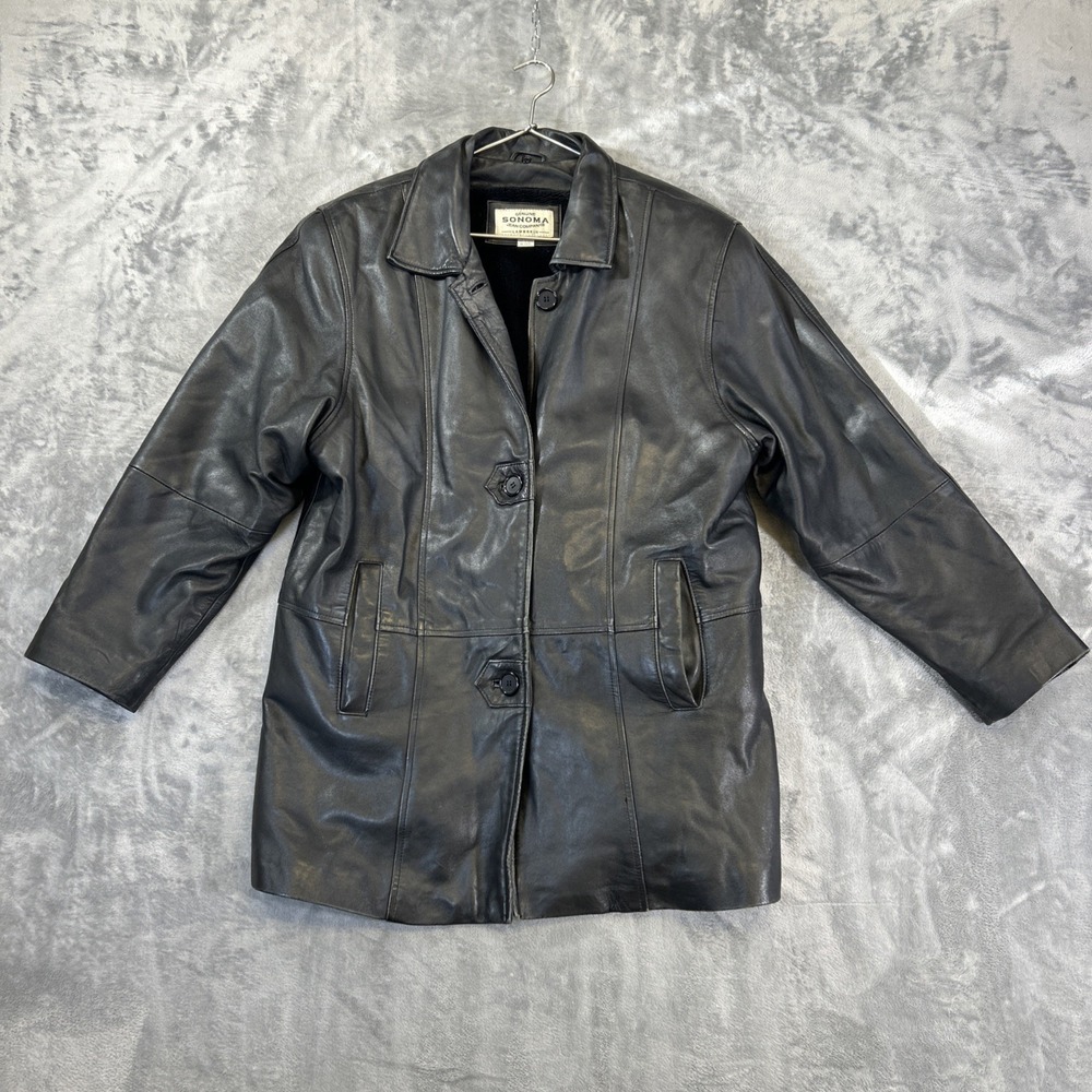 Sonoma Leather Jacket Womens XL Black Lambskin‎ Lined Long Pockets
